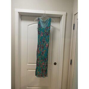 Max & Co Dress Womens 40 Teal Floral Sequin Sheer Sleeveless Maxi Italy Dressy